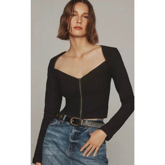 Anthropologie Maeve Black Crop Zip Front Long Sleeve Blouse M NWT - Picture 1 of 7